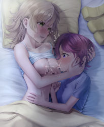 2girls ^^^ absurdres bare_arms bare_shoulders bed blanket blue_pajamas blush breast_sucking breastfeeding breasts camisole cleavage clenched_hand clothes_lift collarbone commentary_request commission daiba_nana fingernails green_eyes hair_down hand_on_another&#039;s_stomach hands_on_another&#039;s_head hands_up heart heart_in_eye heavy_breathing highres indoors isurugi_futaba lactation light_brown_hair looking_at_another lying medium_breasts medium_hair multiple_girls navel nipples on_bed on_side open_mouth pajamas pillow pink_hair pixiv_commission profile purple_eyes raised_eyebrows saliva shadow shirt_lift short_hair short_sleeves shoujo_kageki_revue_starlight shroomia smile stomach sweat swept_bangs symbol_in_eye teeth under_covers upper_teeth_only white_camisole yuri
