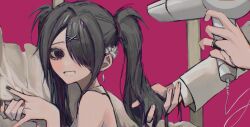 1girl 1other ame-chan_(needy_girl_overdose) black_eyes black_nails blood blood_on_hands drying drying_another&#039;s_hair drying_hair earrings hair_dryer hair_intakes hair_ornament hair_over_one_eye hairclip hairdressing hand_in_another&#039;s_hair holding holding_hair_dryer jewelry long_hair looking_at_viewer nail_polish needy_girl_overdose pao_(i_loxe_u) parted_lips ring shirt sleeveless sleeveless_shirt smile twintails