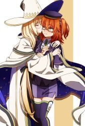 2girls aesc_(fate) aesc_(rain_witch)_(fate) atlas_academy_uniform blonde_hair closed_eyes collared_shirt command_spell commentary commission english_commentary fate/grand_order fate_(series) feet_out_of_frame fujimaru_ritsuka_(female) green_necktie hat highres hug hug_from_side jacket kiss kissing_cheek long_hair long_sleeves medium_hair multiple_girls necktie oiun one_eye_closed one_side_up orange_hair pencil_skirt pixiv_commission purple_hat purple_jacket purple_skirt purple_thighhighs robe round_eyewear shirt skirt thighhighs very_long_hair white_hat white_robe white_shirt wide_sleeves witch_hat yellow_eyes yuri zettai_ryouiki