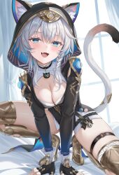 1girl absurdres animal_ear_fluff animal_ears animal_hood belt black_gloves black_leotard blue_eyes boots breasts cat_ears cat_girl cat_hood cat_tail cipher_(honkai:_star_rail) cleavage commentary_request fang fingerless_gloves gloves gold_boots grey_hair highres honkai:_star_rail honkai_(series) hood hooded_leotard indoors koya_(koyacocoa) large_breasts leotard mole mole_on_breast on_bed open_mouth short_hair_with_long_locks skin_fang solo squatting tail thigh_belt thigh_strap thighs