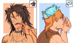 Rule 34 | 2boys, animal ears, blue hair, brown hair, cat boy, cat ears, catnipsmoker (hakino), commentary, fire emblem, fire emblem: radiant dawn, green eyes, heterochromia, highres, jewelry, male focus, medium hair, multiple boys, necklace, nintendo, open mouth, purple eyes, ranulf (fire emblem), short hair, teeth, tongue, tongue out, volug (fire emblem), wolf boy, wolf ears