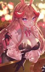 1girl animal_ears black_gloves blue_eyes breasts brown_hair casino cleavage colored_inner_hair commission dice gloves harushio highres holding holding_dice horns indie_virtual_youtuber large_breasts long_hair miss_rabbit multicolored_hair pink_gloves pink_hair rabbit_ears rabbit_girl red_horns see-through_clothes see-through_sleeves skeb_commission solo two-tone_gloves virtual_youtuber