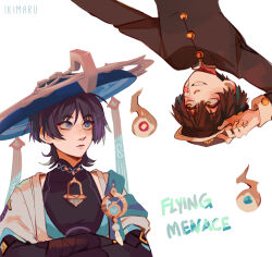 2boys anemo_symbol_(genshin_impact) arm_at_side arm_up armor artist_name black_bodysuit black_bridal_gauntlets black_hair black_jacket black_sleeves blue_cape blue_eyes blue_gemstone blue_hat blue_kimono blunt_ends blush bodysuit bridal_gauntlets cape closed_mouth covered_collarbone crossed_arms crossover english_text eyeliner eyeshadow feathers gakuran gakuseibou gem genshin_impact gold han&#039;eri hanako_(jibaku_shounen_hanako-kun) hat hat_tip highres hitodama ikimaru jacket japanese_armor japanese_clothes jibaku_shounen_hanako-kun jingasa kamome_gakuen_school_uniform kimono kote kurokote layered_kimono long_sleeves looking_at_another makeup mandarin_collar multicolored_hair multiple_boys ofuda open_clothes open_kimono open_mouth pom_pom_(clothes) purple_hair red_eyeliner red_eyeshadow scaramouche_(genshin_impact) school_uniform shoulder_peek smile streaked_hair upper_body upside-down vision_(genshin_impact) wanderer_(genshin_impact) white_background white_kimono white_mouth white_sleeve_cuffs yellow_eyes yellow_feathers