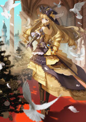 1girl absurdres bare_shoulders bird black_gloves black_hat black_pantyhose blonde_hair blue_eyes blue_gemstone blue_sky blurry blurry_foreground castle choker closed_mouth commentary_request dress drill_hair european_architecture falling_feathers feathers floating_hair flower from_behind full_body gem genshin_impact gloves hat hat_feather hat_flower high_heels highres lace lace_choker layered_dress light_rays light_smile long_hair looking_at_viewer looking_back navia_(genshin_impact) pantyhose peachumi pillar reaching reaching_towards_viewer sky solo sunbeam sunlight very_long_hair white_bird
