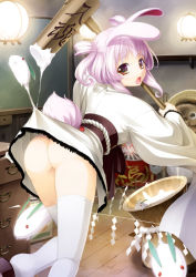 1girl animal_ears ass clothes_lift female_focus food japanese_clothes kazami_haruki kimono kine looking_back mallet mochi mochitsuki new_year no_panties open_mouth purple_hair rabbit_ears short_kimono skirt skirt_lift snow_rabbit solo thighhighs wagashi