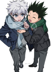 2boys black_hair blazer blue_eyes closed_eyes gon_freecss green_scarf grey_jacket grey_pants highres hunter_x_hunter jacket killua_zoldyck male_focus multiple_boys open_mouth pants re_tae44 scarf shoes simple_background steam teeth twitter_username white_background white_hair