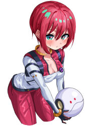 1girl absurdres amate_yuzuriha aqua_eyes black_gloves blush bodysuit breasts closed_mouth commentary cropped_legs gloves gundam gundam_gquuuuuux haro highres holding leaning_forward medium_breasts red_bodysuit red_hair robot short_hair simple_background solo sweat two-tone_bodysuit uyufuzi_s white_background white_bodysuit