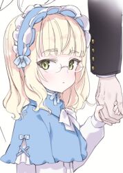 1boy 1girl aged_down alternate_costume aohashi_ame blonde_hair glasses highres holding_hands looking_at_viewer medium_hair perrine_h._clostermann sailor_collar simple_background solo_focus strike_witches upper_body white_background white_sailor_collar world_witches_series yellow_eyes