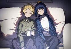 2boys beanie black_hair black_pants blonde_hair blue_eyes blue_hat blue_jacket closed_mouth collared_shirt couch craig_tucker cup green_eyes green_shirt hashtag-only_commentary hat highres holding holding_cup jacket long_sleeves male_focus messy_hair mug multiple_boys open_clothes open_jacket oumi_hrak_npr pants pom_pom_(clothes) pom_pom_beanie shirt south_park steam tweek_tweak white_shirt