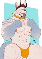 1boy abs animal_ears artist_name bara bulge collar commentary endokhayam english_commentary fake_horns fangs furry furry_male highres horned_headwear horns kumoyama_(xxl) male_focus male_underwear muscular muscular_male navel nipples orange_collar orange_male_underwear pectorals saliva tail tongue tongue_out topless_male underwear wolf_boy wolf_ears wolf_tail xxl_woofia