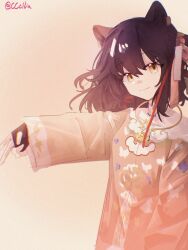 1girl absurdres alternate_costume animal_ears arknights black_gloves closed_mouth commentary fingerless_gloves gloves highres looking_at_viewer lunacub_(arknights) medium_hair orange_eyes sakuratani_hane signature smile solo wolf_ears wolf_girl