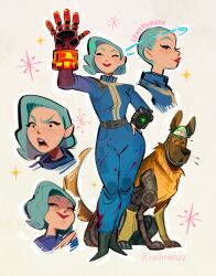 1girl blue_bodysuit blue_hair bodysuit boots brain buzz_cut cyborg dog fallout:_new_vegas fallout frown halo hand_on_own_hip heart highres maliadoodles medium_hair pip_boy power_fist prosthesis prosthetic_arm prosthetic_leg rex_(fallout:_new_vegas) short_hair signature simple_background smile smug solo sparkle vault_suit very_short_hair waving
