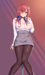 1girl absurdres alternate_costume bar_stool black_collar black_pantyhose blue_eyes blush breasts cleavage closed_mouth collar collarbone commentary dated feet_out_of_frame go-toubun_no_hanayome grey_skirt hair_between_eyes hand_up headphones headphones_around_neck high-waist_skirt highres knees_together_feet_apart large_breasts lips long_hair long_sleeves looking_at_viewer nail_polish nakano_miku panties panties_under_pantyhose pantyhose pantyshot pencil_skirt red_hair red_nails signature sitting skirt solo stool thighs underwear xianyue_liuyu