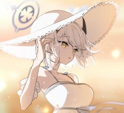 1girl arm_garter black_horns blue_archive blue_ribbon blurry breasts brown_background cleavage commentary dandandanholo dress dress_ribbon expressionless floating_hair grey_halo halo hand_up hat horns large_breasts light_particles official_alternate_costume portrait ribbon sena_(blue_archive) sena_(casual)_(blue_archive) short_hair sidelighting sleeveless sleeveless_dress solo spaghetti_strap sun_hat sundress tucking_hair underbust variant_set white_dress white_hair white_hat yellow_eyes