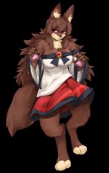1girl animal_ears animal_nose black_background body_fur breasts cleavage commentary commission dress english_commentary full_body furry furry_female highres imaizumi_kagerou long_hair looking_at_viewer protected_link simple_background snout solo statisticstater tail touhou two-tone_dress wolf_ears wolf_girl wolf_tail