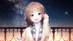 1girl :d absurdres blush brown_eyes brown_hair brown_sweater cellphone collared_jacket commentary_request earbuds earphones female_focus grey_jacket hands_up head_tilt highres holding holding_earphones holding_phone jacket long_hair night night_sky open_clothes open_jacket open_mouth original outdoors phone plaid_clothes plaid_jacket railing shirt short_eyebrows sky smile solo star_(sky) starry_sky sweater the_cold thick_eyebrows turtleneck white_shirt