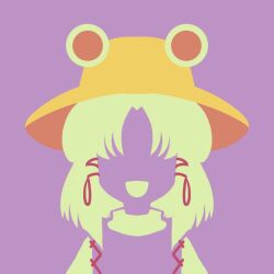 Rule 34 | black eyes, blonde hair, brown headwear, frog girl, frog hat, hair ornament, hat, highres, long hair, long sleeves, maskin mei, minimalism, moriya suwako, open mouth, purple background, purple vest, shirt, simple background, smile, touhou, vest, white shirt