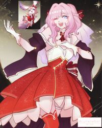 Rule 34 | 1girl, ;), blue eyes, breasts, commentary, cosplay, cyrene (honkai: star rail), cyrene daily, dress, english commentary, gloves, hand on own chest, highres, honkai: star rail, honkai (series), mem (honkai: star rail), mem (honkai: star rail) (cosplay), one eye closed, open mouth, pink hair, red dress, red thighhighs, reference inset, short hair, smile, thighhighs, thighs, twitter username, veil, white gloves, white veil