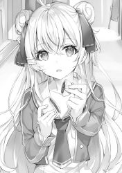 1girl ahoge collarbone double_bun female_focus greyscale hair_between_eyes hair_bun hair_ribbon highres long_sleeves looking_at_viewer momoko_(momopoco) monochrome necktie novel_illustration official_art oshiego_ni_kyouhaku_sareru_no_wa_hanzai_desu_ka? ribbon sharing_food solo upper_body yayaya_yaya