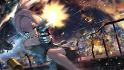 1girl aircraft attack_helicopter bike_shorts bike_shorts_under_skirt black_gloves black_skirt black_vest blue_eyes building city cityscape closed_mouth commentary_request fingerless_gloves firing gloves gun hair_between_eyes handgun helicopter highres holding holding_gun holding_weapon isasin929 kantai_collection leg_up military_vehicle night outdoors parted_lips pink_hair ponytail railing ribbon shell_casing shiranui_(kancolle) shirt skirt solo torn_clothes under_fire vest weapon white_ribbon white_shirt
