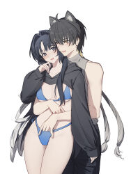 Rule 34 | 1boy, 1girl, absurdres, alternate costume, bikini, black eyes, black hair, black pants, black shrug, blue bikini, blush, breasts, collarbone, commentary request, couple, cowboy shot, feather hair, grey shirt, hair intakes, hand in bikini, hand up, hetero, highres, hood, hood down, hug, hug from behind, kohane kun, long hair, looking at another, male rover (wuthering waves), medium breasts, mole, mole under eye, one eye closed, pants, rover (wuthering waves), shirt, shrug (clothing), simple background, sleeveless, sleeveless shirt, smile, swimsuit, very long hair, white background, wuthering waves, yangyang (wuthering waves), yellow eyes