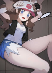Rule 34 | 1boy, 1girl, :o, akacolor, baseball cap, black vest, blue eyes, brown hair, cutoffs, denim, denim shorts, grabbing another&#039;s arm, hat, highres, hilda (pokemon), lying, nintendo, on side, poke ball print, pokemon, pokemon bw, ponytail, restrained, shirt, short shorts, shorts, sidelocks, solo focus, tearing up, thighs, variant set, vest, white shirt