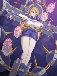 1girl absurdres baketsumuri blonde_hair blue_boots blue_gloves blue_skirt boots breasts byser_shock clenched_teeth duel_academy_uniform_(yu-gi-oh!_gx) duel_monster gloves highres large_breasts long_hair miniskirt panties pencil_skirt restrained school_uniform shirt skirt stationary_restraints teeth tenjouin_asuka underwear viser_des white_panties white_shirt yu-gi-oh! yu-gi-oh!_gx