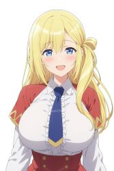 1girl ai-generated blonde_hair blue_eyes blue_necktie blush breasts capelet center_frills collared_shirt corset enome fence frills futoku_no_guild highres large_breasts long_sleeves looking_at_viewer necktie open_mouth pleated_skirt red_capelet red_corset shirt skirt smile solo soshi7087 white_background