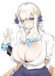 1girl :q absurdres between_breasts black_skirt blue_eyes blue_hair blue_lips blue_nails blue_necktie blue_scrunchie breasts collarbone colored_tips derivative_work hair_ornament highres hikanari_hina large_breasts laterius333 long_hair multicolored_hair necktie necktie_between_breasts phase_connect phone pleated_skirt pointy_ears scrunchie shirt sitting skirt solo sparkling_eyes sweat tongue tongue_out virtual_youtuber white_background white_hair white_shirt wing_hair_ornament wrist_scrunchie