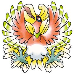bird derivative_work full_body gen_2_pokemon green_wings ho-oh large_tail legendary_pokemon looking_to_the_side multicolored_wings nintendo no_humans official_style open_mouth pokemon pokemon_(creature) pokemon_focus pokemon_gsc_(prototype) prototype_design raciebeep red_eyes red_wings simple_background solo straight-on striped_wings sugimori_ken_(style) symmetry tachi-e tail talons transparent_background v-shaped_eyes watercolor_effect white_wings wings yellow_tail