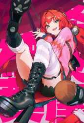Rule 34 | 1girl, absurdres, animal on back, black boots, black sailor collar, black shorts, blunt bangs, blush, boots, bow, bowtie, braid, braided twintails, cardigan, chest bow, choker, green eyes, hearing aid, highres, holding, holding umbrella, kamanosuke (zenless zone zero), legs up, long hair, long sleeves, looking at viewer, loose thighhigh, open mouth, pink cardigan, pleated skirt, qu uo, raccoon, red hair, red umbrella, sailor collar, shorts, shorts under skirt, sitting, skirt, smile, solo, sphere hair ornament, tanuki, thigh strap, tongue, tongue out, twin braids, twintails, ukinami yuzuha, umbrella, very long hair, white bow, white bowtie, zenless zone zero