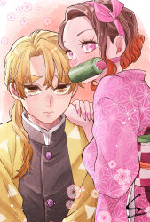 1boy 1girl agatsuma_zenitsu alternate_hair_length alternate_hairstyle asa_no_ha_(pattern) bamboo bit_gag blonde_hair bob_cut brown_hair checkered_sash colored_tips demon_slayer_uniform flower gag gagged hair_over_shoulder hair_ribbon hairband hands_on_another&#039;s_shoulders haori hetero highres japanese_clothes kamado_nezuko kimetsu_no_yaiba kimono light_particles long_hair long_sleeves looking_at_viewer multicolored_hair nail_polish obi orange_hair pink_kimono pink_nails pink_ribbon ponytail red_background ribbon sash short_hair shpo signature sky_blue_025250 streaked_hair tearing_up triangle_print two-tone_hair upper_body white_background yellow_eyes