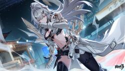 Rule 34 | 1girl, 3boys, asymmetrical pants, black pants, breasts, cleavage, crop top, dutch angle, erdos helia, game cg, gloves, grey gloves, grey hair, headpiece, highres, honkai (series), honkai impact 3rd, large breasts, long hair, midriff, multiple boys, navel, night, night sky, official art, outdoors, pants, ponytail, sky, solo focus, standing, stomach, stomach tattoo, tattoo, thighs, very long hair, yellow eyes