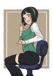 1girl black_skirt black_thighhighs blush border breasts brown_background chair green_hair green_vest hairband hand_up headset highres idolmaster idolmaster_(classic) long_sleeves looking_at_viewer looking_to_the_side mole mole_under_mouth office_chair ooeyama_ken open_mouth otonashi_kotori outside_border pencil_skirt short_hair sitting skirt smile solo swivel_chair tears thighhighs vest white_border yellow_hairband