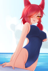 1girl alternate_costume animal_ears arm_at_side ayatori_(aytr) blue_one-piece_swimsuit blue_sky blush breasts cameltoe closed_mouth covered_erect_nipples covered_navel cowboy_shot day dot_nose eyelashes facial_mark female_focus from_below from_side grabbing_own_breast hair_over_one_eye large_breasts league_of_legends long_hair looking_at_viewer looking_down looking_to_the_side low_ponytail naughty_face ocean one-piece_swimsuit outdoors ponytail red_hair side_ponytail sky smile solo standing swimsuit tongue tongue_out variant_set vastaya xayah yellow_eyes
