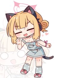 1girl :d animal_ear_headphones animal_ears bare_shoulders blonde_hair blue_archive blush breasts chibi closed_eyes collarbone facing_viewer fake_animal_ears grey_socks hair_bun halo hana_kazari hand_up headphones heart highres loli momoi_(blue_archive) multiple_views nipples o_o open_mouth overall_skirt pink_shoes polka_dot_socks shoes simple_background single_side_bun small_breasts smile socks strap_slip sweat tail white_background zoom_layer