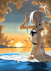 1girl absurdres blue_archive blue_bow blue_bowtie bow bowtie cloud colored_eyelashes evening grey_eyes hair_ornament halo highres long_hair matsumoto_yutaka nagusa_(blue_archive) outdoors pleated_skirt sailor_collar sailor_shirt school_uniform serafuku shirt skirt sleeveless sleeveless_shirt solo water wet white_eyelashes white_hair white_halo white_sailor_collar white_serafuku white_shirt white_skirt