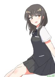 1girl absurdres black_hair black_skirt collared_shirt dress_shirt feet_out_of_frame hayashio_(kancolle) highres kantai_collection long_hair mole mole_under_eye one-hour_drawing_challenge pleated_skirt red_eyes robinson_(day_l_full) school_uniform shirt simple_background sitting skirt smile solo white_background white_shirt