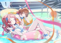 Rule 34 | 2girls, ahoge, anklet, ball, bare shoulders, beachball, bikini, blue bikini, blue bow, blue eyes, blue ribbon, blue sailor collar, blush, bow, bracelet, breasts, brown eyes, brown hair, closed mouth, collarbone, gakuen idolmaster, gradient hair, hair bow, hair bun, hair ornament, hair ribbon, hanami saki, hanami ume, idolmaster, innertube, jewelry, large breasts, long hair, looking at viewer, multicolored hair, multiple girls, navel, ningen mame, one eye closed, outdoors, pool, red hair, ribbon, sailor bikini, sailor collar, scrunchie, siblings, single side bun, sisters, smile, stomach, swim ring, swimsuit, two side up, water, white bikini, wrist scrunchie