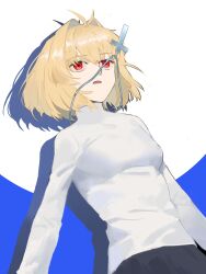 1girl absurdres ahoge arcueid_brunestud black_skirt blonde_hair breasts cross cross_necklace full_moon hair_between_eyes hair_intakes highres jewelry long_sleeves looking_up medium_breasts millonview619 moon necklace open_mouth red_eyes short_hair simple_background skirt solo sweater tsukihime tsukihime_(remake) turtleneck turtleneck_sweater white_sweater
