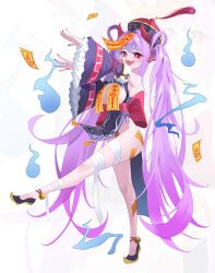 1girl 82jhin :d absurdres armpit_crease bandaged_leg bandages bare_shoulders bell black_shoes breast_cutout breasts bright_pupils chinese_clothes commentary_request detached_sleeves dress drooling frilled_sleeves frills full_body hands_up hat highres horns jiangshi large_breasts leg_up light_blush long_hair looking_at_viewer messy_hair mouth_drool ofuda ofuda_on_head ofuda_on_leg ofuda_on_nipples open_mouth original outstretched_arms pasties pink_nails purple_dress purple_hair purple_hat purple_sleeves qingdai_guanmao red_eyes red_horns shoes sideboob smile standing standing_on_one_leg talisman very_long_hair white_background white_pupils wide_sleeves zombie_pose zoom_layer