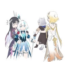 Rule 34 | 4girls, absurdres, aglaea (honkai: star rail), animal ears, armpit carry, black hair, blonde hair, blue dress, blue eyes, blue hair, carpp20, cat ears, cat girl, cat tail, cerydra (honkai: star rail), cipher (honkai: star rail), closed eyes, commentary, crown, dress, english commentary, hiding, hiding behind another, highres, holding, holding scepter, honkai: star rail, honkai (series), hysilens (honkai: star rail), long hair, multiple girls, scepter, short hair, slit pupils, smile, tail, white dress