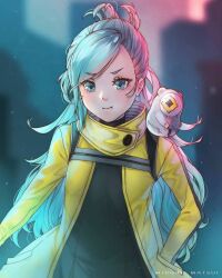 Rule 34 | 1girl, ai the somnium files, aiba (ai the somnium files), aqua eyes, aqua hair, artist name, black shirt, closed mouth, commentary, elbow gloves, eyelashes, gloves, hand in pocket, highres, jacket, light particles, long hair, long sleeves, midori matsui, okiura mizuki, one-eyed, open clothes, open jacket, pout, shirt, sitting, yellow eyes, yellow jacket