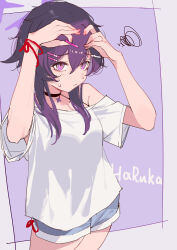 1girl absurdres alternate_costume bilibalakonglijiwa black_choker blue_archive blush character_name choker denim denim_shorts fingernails haruka_(blue_archive) highres holding_hairpin looking_ahead nail_polish purple_eyes purple_hair shirt shorts simple_background single_bare_shoulder solo squiggle t-shirt thighs white_shirt