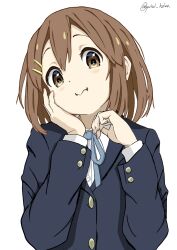 1girl =_hair_ornament arm_support blue_jacket blue_ribbon brown_eyes brown_hair closed_mouth dot_nose hair_ornament hairclip highres hirasawa_yui jacket k-on! long_sleeves looking_at_viewer neck_ribbon ribbon shirt short_hair sidelocks simple_background solo twitter_username upper_body wavy_mouth white_background white_shirt yuiui_keion