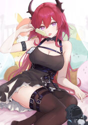 Rule 34 | 1girl, absurdres, arknights, bare shoulders, belt, belt buckle, black belt, black dress, breasts, brown horns, brown thighhighs, buckle, character doll, cleavage, commentary request, doctor (arknights), dress, fingernails, food, hair between eyes, hair intakes, highres, holding, holding food, holding ice cream, horns, ice cream, infection monitor (arknights), large breasts, long hair, looking at viewer, purple eyes, red hair, runyo (yale12312), short dress, solo, surtr (arknights), thigh belt, thigh strap, thighhighs, tongue, tongue out