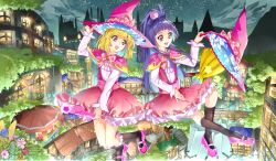 Rule 34 | 2girls, asahina mirai, blonde hair, broom, cure magical, cure miracle, hat, highres, izayoi liko, long hair, magic school uniform (mahou girls precure!), magical girl, mahou girls precure!, mini hat, mini witch hat, multiple girls, precure, purple eyes, purple hair, riko (mahou girls precure!), school uniform, sky, star (sky), starry sky, witch hat, yuutarou (fukiiincho)