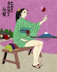 1girl absurdres alcohol artist_logo black_hair brown_eyes commentary cup drinking_glass english_commentary food fruit grapes green_kimono green_sash highres holding holding_cup japanese_clothes kimono logo long_hair mount_fuji obi original outdoors ponytail sandals sash sei5osuzuki sitting solo wine wine_glass yamanashi_prefecture