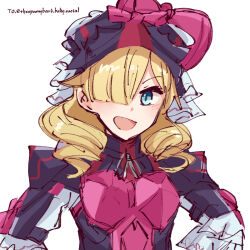 Rule 34 | 1girl, :d, alonemistrist, armor, asymmetrical bangs, blonde hair, blue eyes, breastplate, commentary, english commentary, fire emblem, fire emblem engage, hair over one eye, long sleeves, looking at viewer, marni (fire emblem), medium hair, nintendo, open mouth, smile, solo, white background