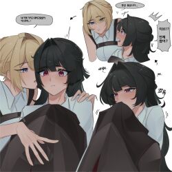 2girls absurdres astra_yao black_hair blonde_hair blush evelyn_chevalier highres korean_text long_hair mizmizu27 multiple_girls purple_eyes red_eyes shy speech_bubble white_background yuri zenless_zone_zero